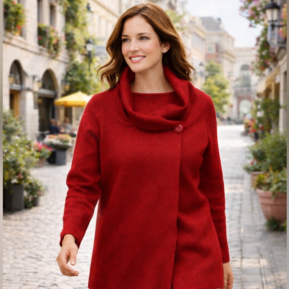 🌸 Cleo Red Shawl-Collar Button-Front Turtleneck Sweater